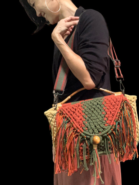 Hannah Handcarry Macrame Doctor Bag with Rattan Handle