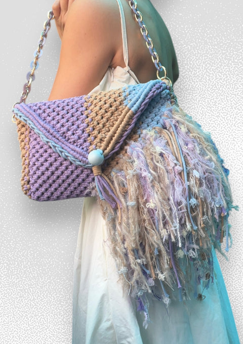 Alba Lilac, Baby Blue & Khaki Macrame Clutch & Shoulder Bag