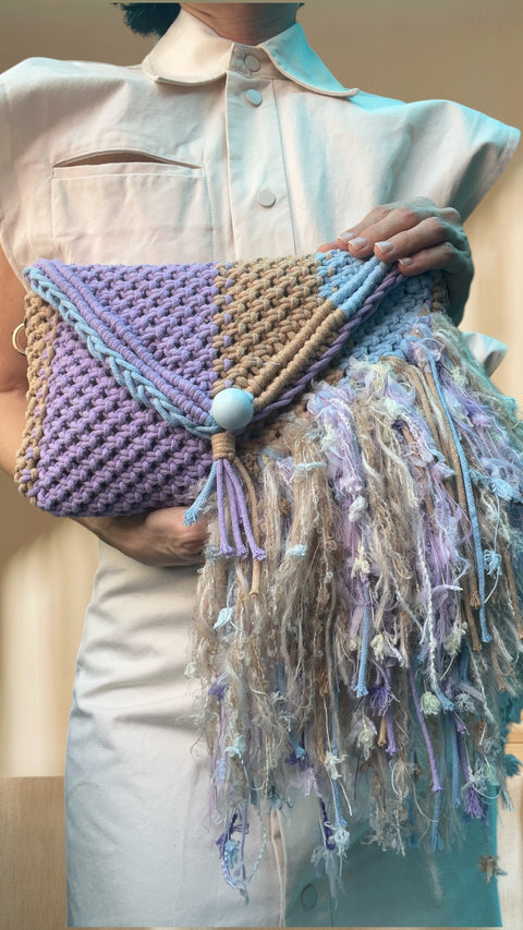Alba Lilac, Baby Blue & Khaki Macrame Clutch & Shoulder Bag