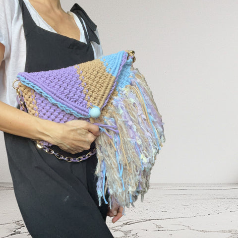 Alba Lilac, Baby Blue & Khaki Macrame Clutch & Shoulder Bag