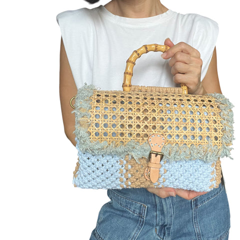Flo Baby Blue & Khaki Rattan Bamboo Top Handle Macrame Large Rectangle Bag