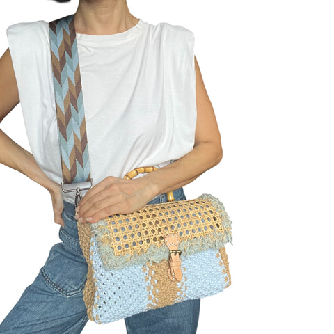 Flo Baby Blue & Khaki Rattan Bamboo Top Handle Macrame Large Rectangle Bag