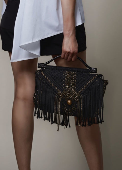 Vanna Black & Gold Macrame Doctor Bag with Rattan Handle