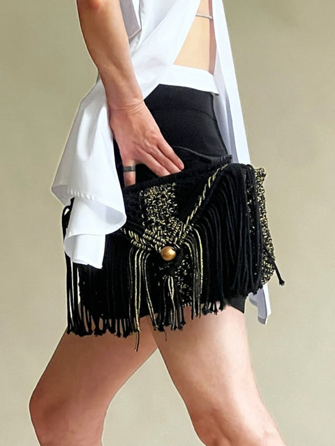 Vanna Black & Gold Macrame Doctor Bag with Rattan Handle