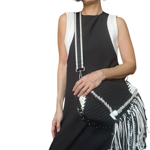 Brenna Monochrome Macrame Woven Envelope Clutch & Shoulder Bag