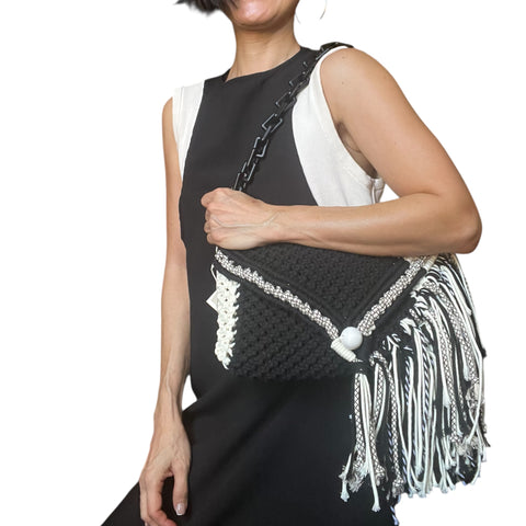 Brenna Monochrome Macrame Woven Envelope Clutch & Shoulder Bag
