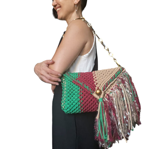 Midori Emerald Green & Burgundy Macrame Clutch & Shoulder Bag