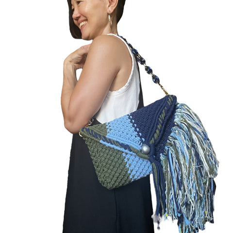 Caela Navy Blue & Moss Macrame Clutch & Shoulder Bag