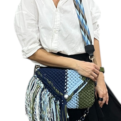 Caela Navy Blue & Moss Macrame Clutch & Shoulder Bag