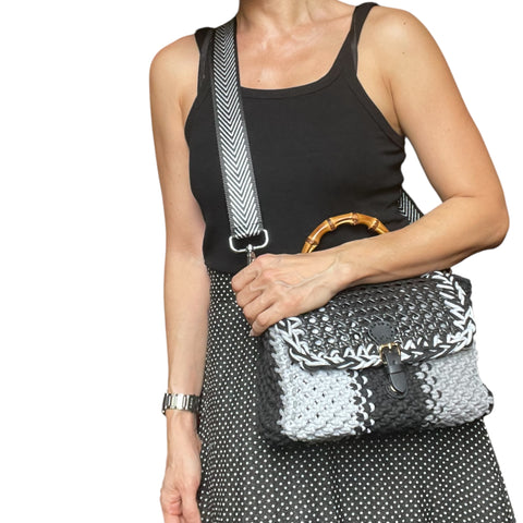 Nessa Black & Grey Rattan Bamboo Top Handle Macrame Small Rectangle Bag