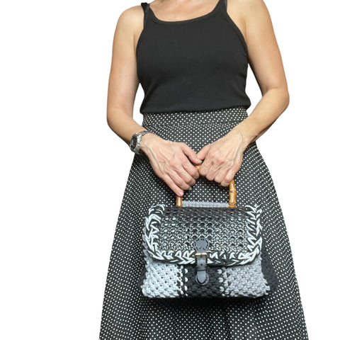 Nessa Black & Grey Rattan Bamboo Top Handle Macrame Small Rectangle Bag