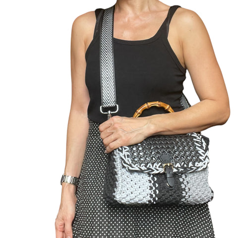 Nessa Black & Grey Rattan Bamboo Top Handle Macrame Small Rectangle Bag