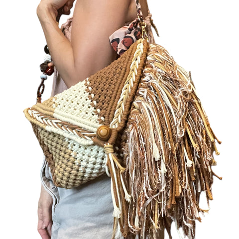 Paige Vanilla & Molasses Macrame Clutch & Shoulder Bag