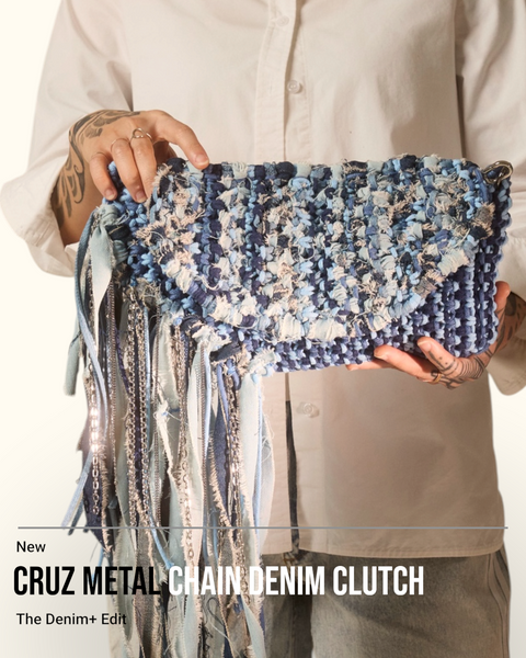 Cruz Mixed Denim Macrame Clutch & Shoulder Bag with Metal Chains