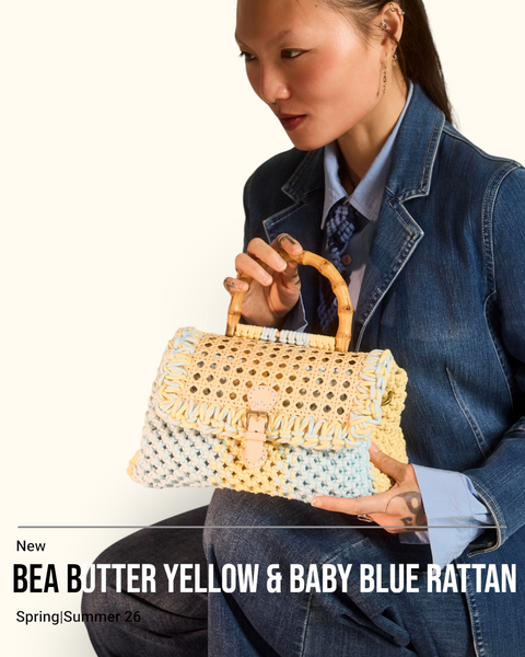 Bea Baby Blue & Butter Yellow Rattan Bamboo Top Handle Macrame Small Rectangle Bag