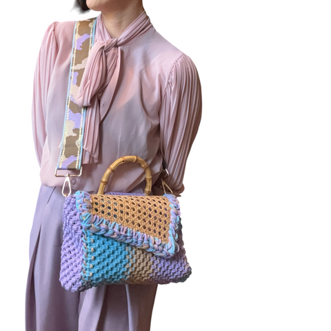 Kia Lilac, Blue & Taupe Rattan Bamboo Top Handle Macrame Small Rectangle Bag