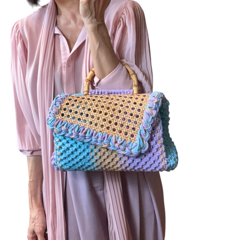 Kia Lilac, Blue & Taupe Rattan Bamboo Top Handle Macrame Small Rectangle Bag