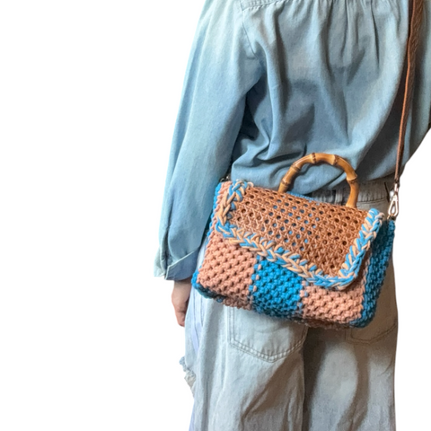 Rayne Blue & Peach Rattan Bamboo Top Handle Macrame Small Rectangle Bag