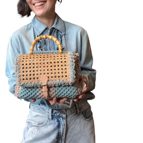 Olivia Seagrass Blue & Taupe Rattan Bamboo Top Handle Macrame Small Rectangle Bag