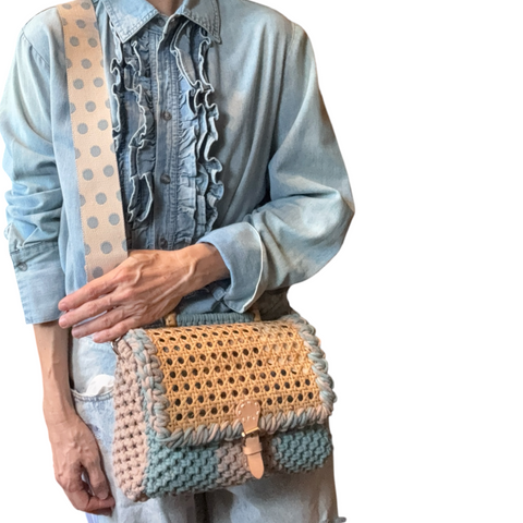 Olivia Seagrass Blue & Taupe Rattan Bamboo Top Handle Macrame Small Rectangle Bag
