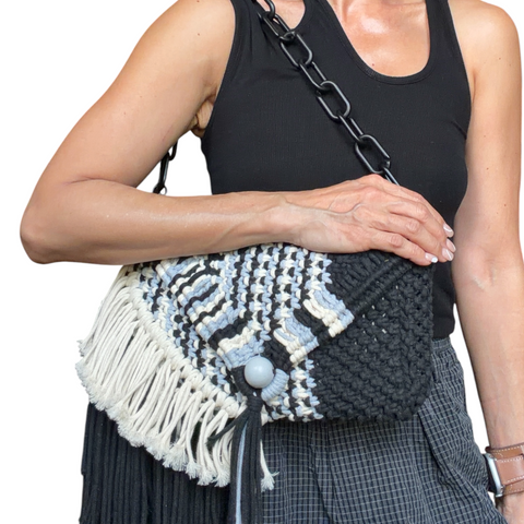 Glynn Handwoven Black, White & Grey Macrame Clutch, Shoulder & Crossbody Bag