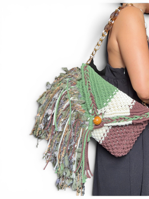 Magda Forest Green, Vanilla & Chocolate Macrame Clutch & Shoulder Bag