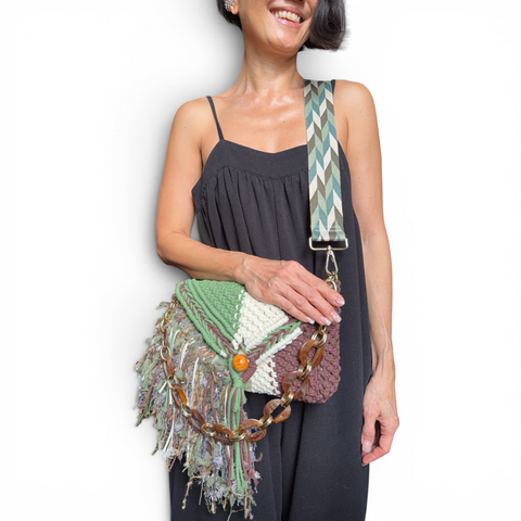 Magda Forest Green, Vanilla & Chocolate Macrame Clutch & Shoulder Bag