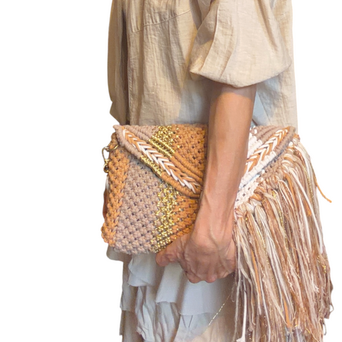 Marcel Copper, Vanilla & Gold Macrame Clutch & Shoulder Bag