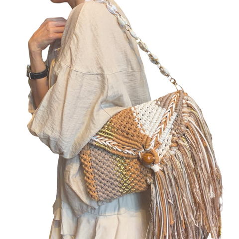 Marcel Copper, Vanilla & Gold Macrame Clutch & Shoulder Bag