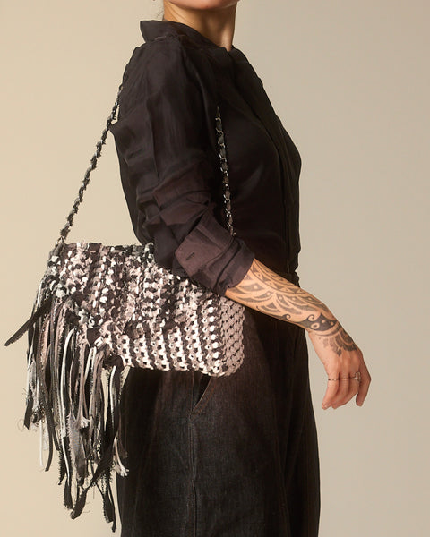 Teluna Black, Grey & White Denim Handwoven Clutch, Shoulder & Crossbody Bag