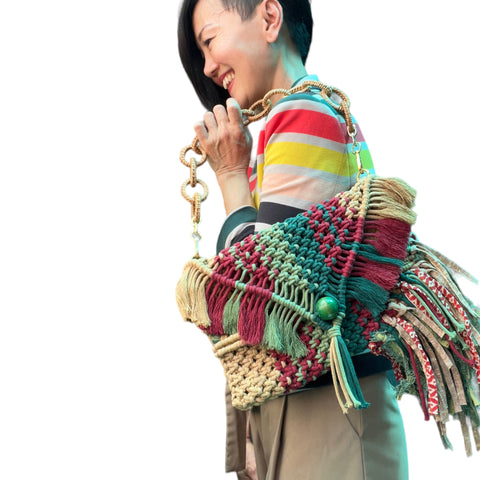 Saki - Handwoven Khaki and Moss Macrame Clutch and Shoulder Bag