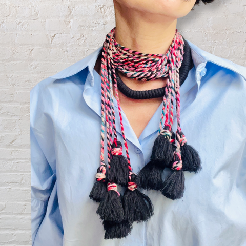 Bound handwoven long rope necklace in recycled red and black sari cords