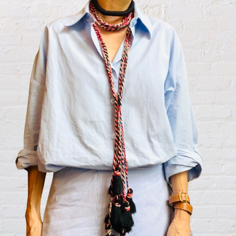 Bound handwoven long rope necklace in recycled red and black sari cords