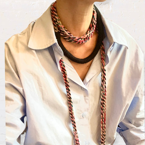 Bound handwoven long rope necklace in recycled red and black sari cords