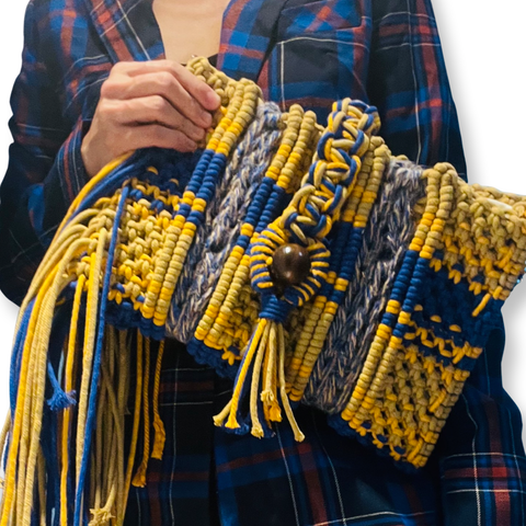 Bound handwoven macrame clutch and handcarry bag