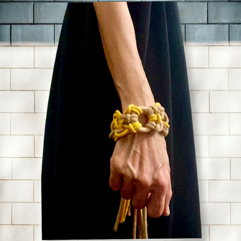 Bound handwoven cotton statement cuff bracelet in mustard yellow and khaki