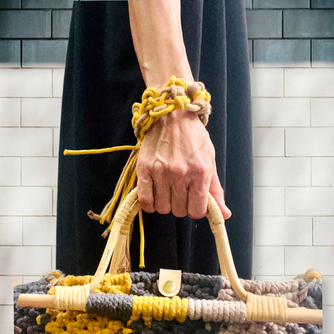 Bound handwoven cotton statement cuff bracelet in mustard yellow and khaki