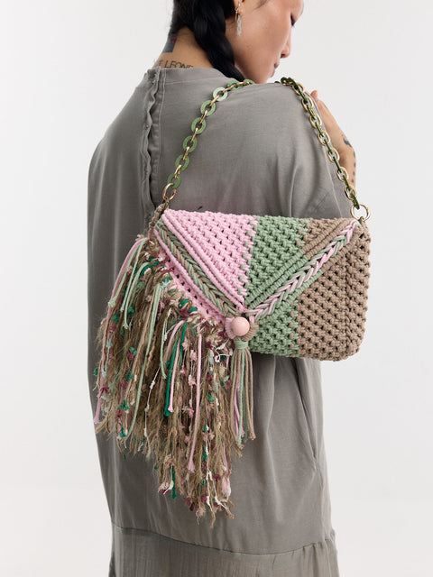 Marya Baby Pink, Green & Taupe Macrame Clutch & Shoulder Bag
