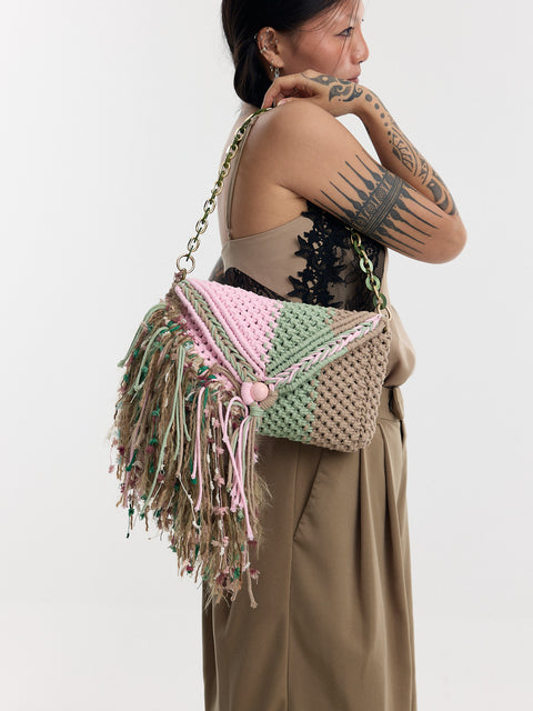 Marya Baby Pink, Green & Taupe Macrame Clutch & Shoulder Bag