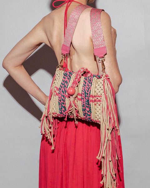 Gemma - Handwoven pink and khaki dual tone clutch and shoulder bag.