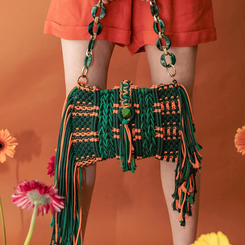 Brina DUO Green & Orange Macrame Clutch & Shoulder Bag