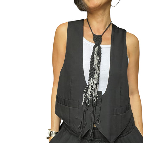 Bound Handmade Macrame Black Tie with Tassels Main