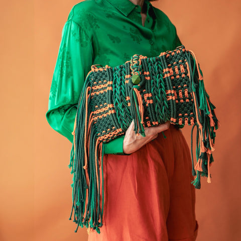 Brina DUO Green & Orange Macrame Clutch & Shoulder Bag
