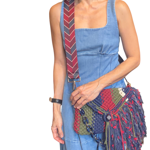 Celeste Navy, Burgundy & Moss Green Macrame Clutch & Shoulder Bag