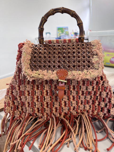 Anita Rust & Salmon Macrame Handcarry & Crossbody Trapezium Bag