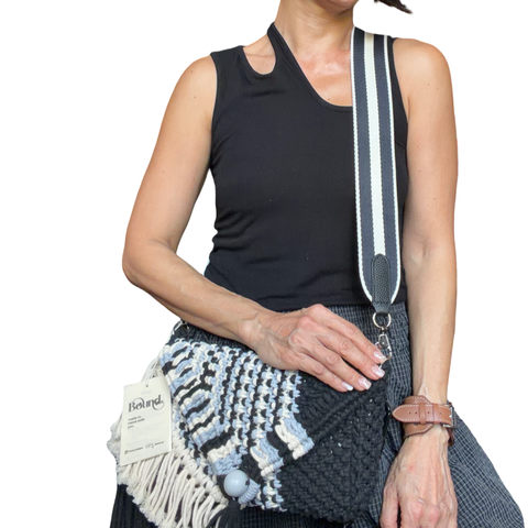 Glynn Handwoven Black, White & Grey Macrame Clutch, Shoulder & Crossbody Bag