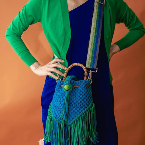 Charlie - Blue & Green Macrame Bucket Bag