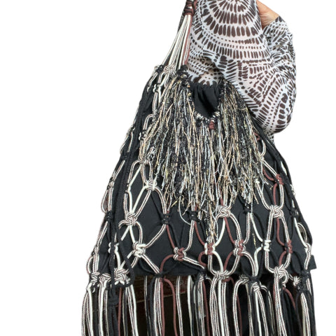 Julia Black, White & Chocolate Macrame Shopper Tote Bag