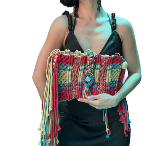 Bound Brea Macrame Clutch and Shoulder Bag in Christmas Red, Cerrulean Blue and Khaki