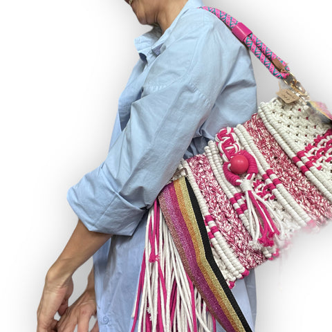 Janelle - Handwoven pink and vanilla dual tone clutch and shoulder bag.